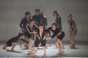 Troupe de cirque contemporain en mouvement sur une scène épurée
